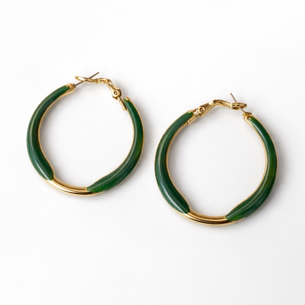 Green Enamel Gold‎ Tone Hoop Earrings Medium Classic Statement Hoops